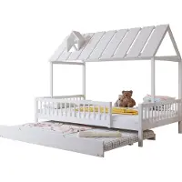 Merax Kinderbed Huisbed met Uittrekbaar Logeerbed - Dak met Schoorsteen - 3-zijdige Beschermhekken - Wit - 120x200/190cm - Pine+MDF