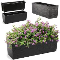 Kadax Bloembak van kunststof, 18,5 x 56 cm, plantenbak met inzetstuk, weerbestendige balkonbak, rechthoekige bloembak, bloempot voor buiten, gekerfd patroon, zwart