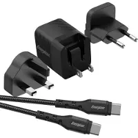 Energizer A20MUC Multi Plug Oplader (US, UK, EU) - Reisstekker Met USB-C Kabel (Zwart) | 20W - 4A