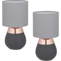 Relaxdays tafellamp, set van 2, metalen voet, stoffen kap, E14, hoogte x diameter: 32 x 18 cm, nachtlamp met kabel, grijs/koper