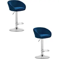 Hobby Hall Set van 2 Barkrukken EAST – Velvet Donkerblauw - Chromen Basis - Rugleuning, Verstelbare Hoogte, 360° Draaibaar, Comfortabele Voetsteun, Modern Design, Max. 110 kg