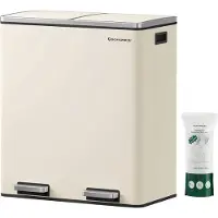 Songmics Vuilnisbak met twee vakken, 2 x 30 l, met 15 vuilniszakken, pedalen van metaal, 2 kunststof emmers, deksel, handgrepen, zachte sluiting, luchtdicht, crème