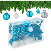 Relaxdays kerstballen - set van 101 - plastic - onbreekbaar - kerstpiek ster - petrol/wit