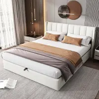 Merax Binauraal gestoffeerd bed 140 x 200 cm - met USB-oplaadpoort - met LED-verlichting - met opbergruimte - verstelbaar hoofdeinde - wit - zonder matras