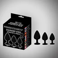 Power Escorts - 3 delige Anal Plug Set - Buttplug 3 pack - Diamond King plug - anaal starter 3-pack - Zwarte met zwarte steen - BR136 - gave cadeaubox