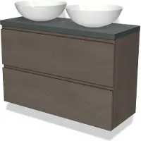 Maxaro Modulo Plato Slim Badkamermeubel voor waskom | 100 cm Donkerbruin eiken Greeploos front Donkergrijs blad 2 lades onder elkaar