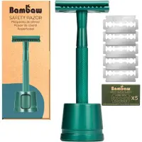 Bambaw Metalen Scheermes met Standaard – Scheermesjes mannen vrouwen – Safety Razor Mannen – Safety Razor voor vrouwen – Voor Double Edge Mesjes - Zeegroen