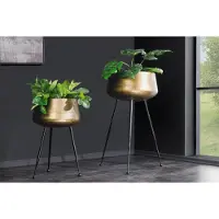 Invicta Set van 2 Bloempot FLOWERS 65cm messing goud zwart gehamerd design - 44860
