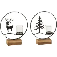 J-Line theelichthouder Rond - hout - zwart/naturel - 2 stuks