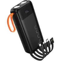 Hoco Powerbank 20.000mAh - Zwart - Met Ingebouwde Kabels & Zaklamp - USB-C - Micro - Lightning - voor Kamperen, Noodpakket en Festivals