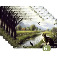 KitchenYeah Placemats - 6 stuks - 45x30 cm - Placemat kunststof - Kat - Beekje - Weide - Borden onderleggers - Decoratie voor op tafel - Keuken tafeldecoratie accessoires - Vinyl onderlegger - Tafelversiering