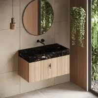 Muebles Zahora badmeubel ribbelfront 100cm naturel eiken met Portoro Gold wastafel zonder kraangat