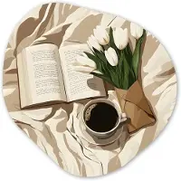 MuchoWow Organische wanddecoratie 40x40 cm - Organisch schilderij Boek - Illustratie - Tulpen - Koffie - Muurdecoratie woonkamer - Kamer decoratie - Schilderijen - Muurcirkel aesthetic