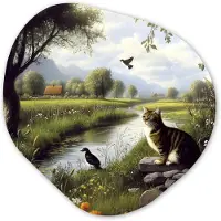 MuchoWow Organische wanddecoratie 60x60 cm - Organisch schilderij Kat - Beekje - Weide - Muurdecoratie woonkamer - Kamer decoratie - Schilderijen - Muurcirkel aesthetic