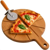 Cheqo Pizza Snijplank - Pizzaplank - Pizza Plank - Acaciahout Snijplank - Pizzabord Met Groeven - Pizzasnijder Inbegrepen - Snijplank Met Handvat - Ophangoog Snijplank - Pizza Serveren