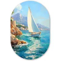 MuchoWow Muurovaal 80x120 cm - Ovale wanddecoratie Zeilboot - Rotsen - Kust - Huizen - Ovalen schilderij - Muurdecoratie woonkamer - Kamer decoratie - Schilderijen - Wandcirkel