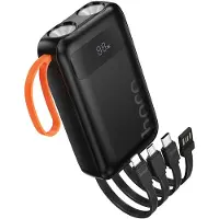 Hoco Powerbank 10.000mAh - Zwart - Met Ingebouwde Kabels & Zaklamp - USB-C - Micro - Lightning - voor Kamperen, Noodpakket en Festivals