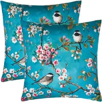 Homescapes buitenkussens – set van 2 tuinkussens & sierkussens voor tuin – waterafstotend & weerbestendig – 45x45 cm – blauw, “Vogels & Bloementakken” – voor tuin & terras