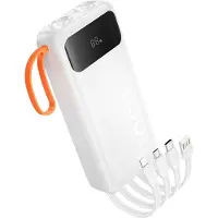 Hoco Powerbank 20.000mAh - Wit - Met Ingebouwde Kabels & Zaklamp - USB-C - Micro - Lightning - voor Kamperen, Noodpakket en Festivals
