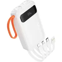 Hoco Powerbank 10.000mAh - Wit - Met Ingebouwde Kabels & Zaklamp - USB-C - Micro - Lightning - voor Kamperen, Noodpakket en Festivals
