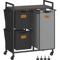 Vasagle Wasmand op wielen met zijzakken en praktische opbergplank, Kastanjebruin + Inktzwart + Duifgrijs / 100 L