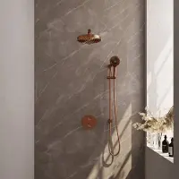 Brauer Stripe inbouw regendouche rond met 25cm hoofddouche, rond met rechte muurarm, glijstang en 3 standen handdouche set 46 koper geborsteld PVD