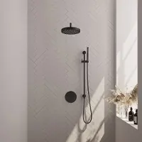 Brauer Stripe inbouw regendouche rond met 25cm hoofddouche, rond met gebogen muurarm, glijstang en staafhanddouche set 44 zwart mat