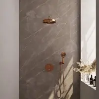 Brauer Stripe inbouw regendouche rond met 25cm hoofddouche, gebogen muurarm en 3 standen handdouche set 41 koper geborsteld PVD