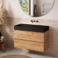 Plieger Fontana badkamermeubel 100cm warm eiken met Kansas wastafel mat zwart zonder kraangat