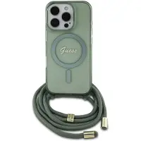 GUESS MagSafe IML Backcover met crossbody cord voor de Apple iPhone 16 Pro - Groen