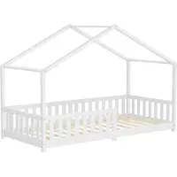 ML-Design Kinderbed Huisbed 90x200 cm wit gemaakt van dennenhout Houten bed met dak en lattenbodem ML design