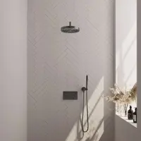 Brauer Stripe Inbouw Regendoucheset Met Drukknoppen - Gebogen Wandarm - Staafhanddouche - Wandhouder - Geborsteld Gunmetal PVD - Messing - Kranen, - Kranen, Douchekranen, Douchesets, Inbouw douchesets