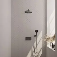 Brauer Stripe inbouw regendouche met 25cm hoofddouche, gebogen muurarm en 3 standen handdouche set 29 gunmetal geborsteld PVD