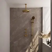 Brauer Stripe inbouw regendouche met 25cm hoofddouche, plafondarm en 3 standen handdouche en glijstang set 12 messing geborsteld PVD