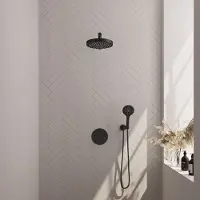 Brauer Stripe thermostatische inbouw regendouche 3-weg rond SET 40 met 25 cm douchekop en rechte muurarm en 3-standen handdouche en doucheslang en wandaansluitbocht mat zwart