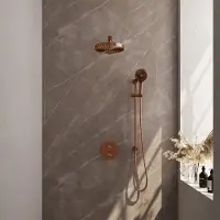 Brauer Stripe thermostatische inbouw regendouche 3-weg rond SET 46 met 25 cm douchekop en rechte muurarm en 3-standen handdouche en doucheslang en geintegreerde glijstang koper geborsteld PVD