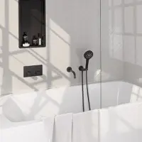 Brauer stripe thermostatische inbouw badkraan met drukknoppen set 04 met uitloop en 3-standen handdouche en doucheslang en wandaansluitbocht mat zwart
