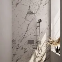 Brauer stripe thermostatische inbouw regendouche met drukknoppen set 35 met 25 cm douchekop en gebogen muurarm en 3-standen handdouche en doucheslang