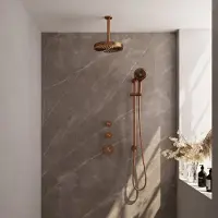 Brauer Stripe Inbouw Regendoucheset Met 2 Stopkranen - 20cm Plafondbuis - 3-standen Handdouche - Glijstang - Geborsteld Koper PVD - Messing - Kranen, - Kranen, Douchekranen, Douchesets, Inbouw