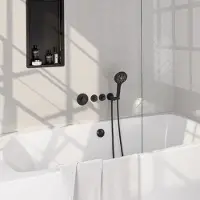 Brauer Stripe thermostatische inbouw badkraan SET 02 met badvulcombinatie en 3-standen handdouche en doucheslang en wandaansluitbocht mat zwart