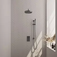 Brauer Stripe Thermostatische Inbouw Regendouche Rechthoekig - Gebogen Wandarm - Staafhanddouche - Glijstang - Geborsteld Gunmetal PVD - Messing - Kranen, Douchekranen, Douchesets, Inbouw douchesets