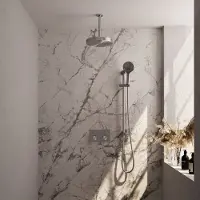 Brauer Stripe Inbouw Regendoucheset Met Drukknoppen - 20cm Plafondbuis - 3-standen Handdouche - Glijstang - Geborsteld RVS PVD - Messing - Kranen, - Kranen, Douchekranen, Douchesets, Inbouw douchesets