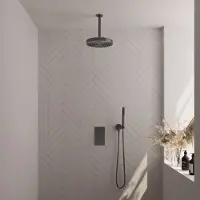 Brauer Stripe thermostatische inbouw regendouche 3-weg rechthoekig SET 15 met 25 cm douchekop en plafondarm en staaf handdouche en doucheslang en wandaansluitbocht gunmetal geborsteld PVD