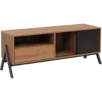 Mendler TV-rek -O40, lowboard tv-kast schuifdeur opbergvakken lade, MDF metaal melamine 49x120x40cm ~ naturel