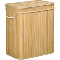 Merax Bamboe Wasmand 90L met Deksel en Handgrepen – 2 Vakken – Uitneembare Stoffen Binnenzak – Opvouwbaar – Naturel Bruin