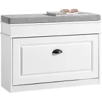 SoBuy FSR82-L-WG Schoenenkast entreebank – schoenenbank met toiletzitting en schoenenopbergkussen voor hal, woonkamer 75 x 24 x 51 cm, capaciteit 180 kg, wit antiek houteffect