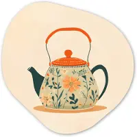 MuchoWow Organische wanddecoratie 60x60 cm - Organisch schilderij Oranje - Theepot - Bloemen - Bladeren - Muurdecoratie woonkamer - Kamer decoratie - Schilderijen - Muurcirkel aesthetic