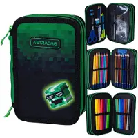 Astrabag BAG Pixel Hero Pennenetui met 3 vakken, gevuld, drievoudig etui, studentenetui met 3 niveaus, XXL, etui met accessoires, motief - spel, groen, etui, groen, etui, Groen, etui