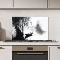 KitchenYeah Spatscherm keuken 70x50 cm - Kookplaat achterwand Boot - Rivier - Bamboe - Wit - Muurbeschermer - Spatwand fornuis - Hoogwaardig aluminium