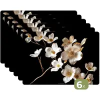 KitchenYeah Placemats - 6 stuks - 45x30 cm - Placemat kunststof - Bloemen - Wit - Goud - Borden onderleggers - Decoratie voor op tafel - Keuken tafeldecoratie accessoires - Vinyl onderlegger - Tafelversiering